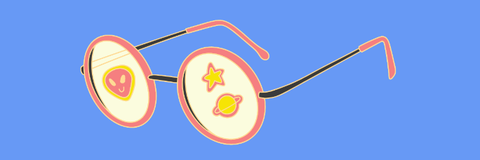 illustration of glasses with stickers on lenses