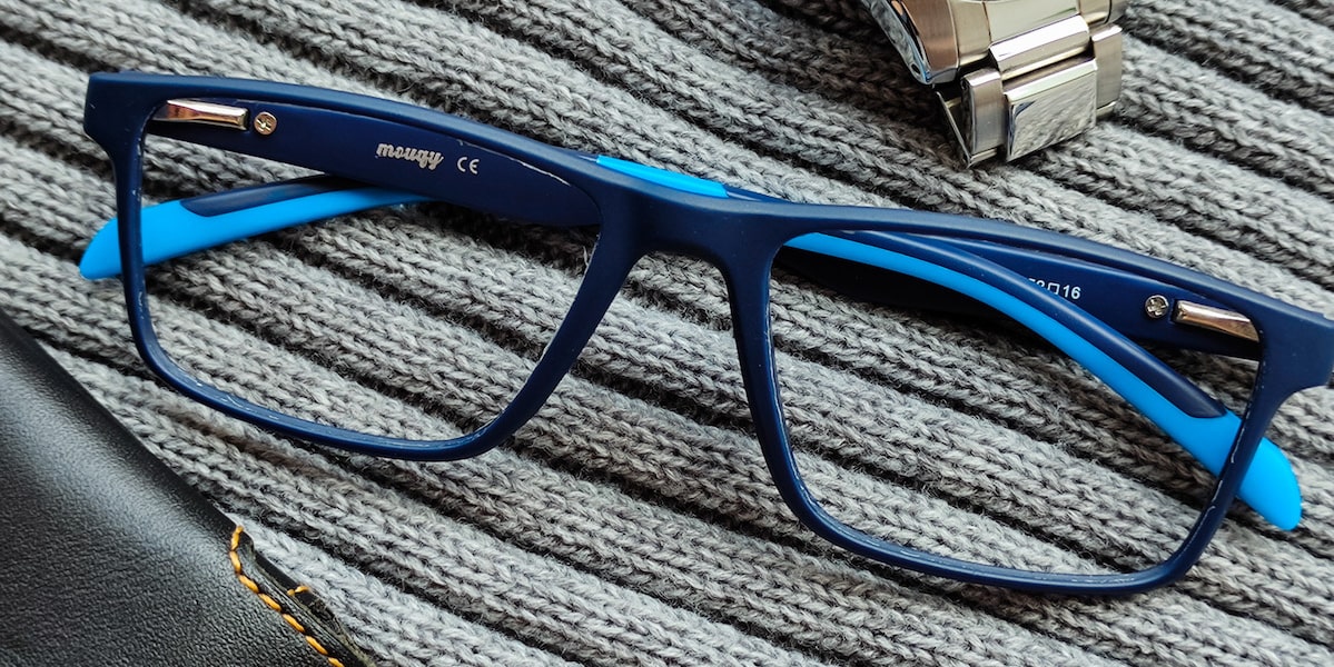 rectangular men glasses with blue frame