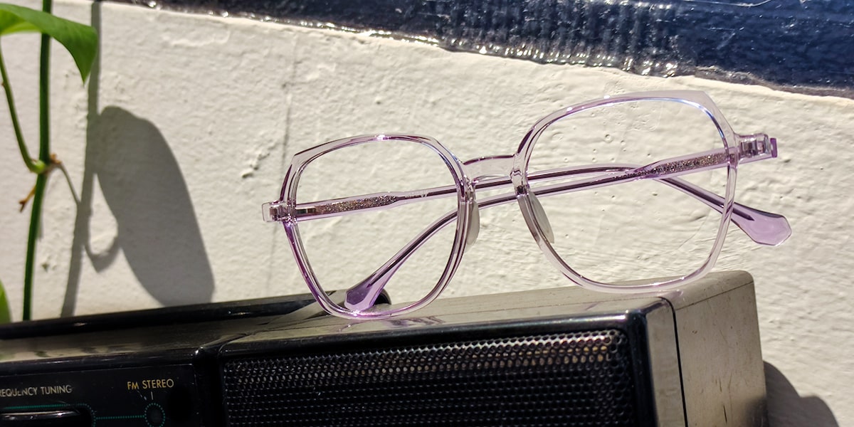 purple glasses with clear frame