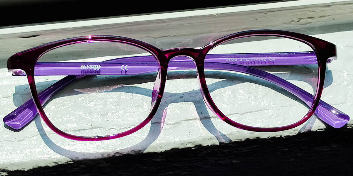purple glasses with plastic frame
