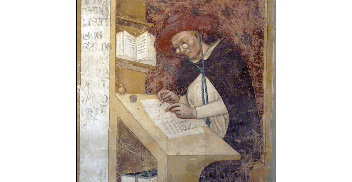 the painting of hugh of saint-cher wearing glasses in 1352