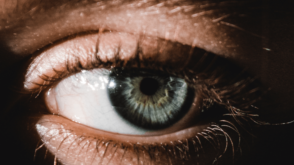 closeup of an eye with small pupil
