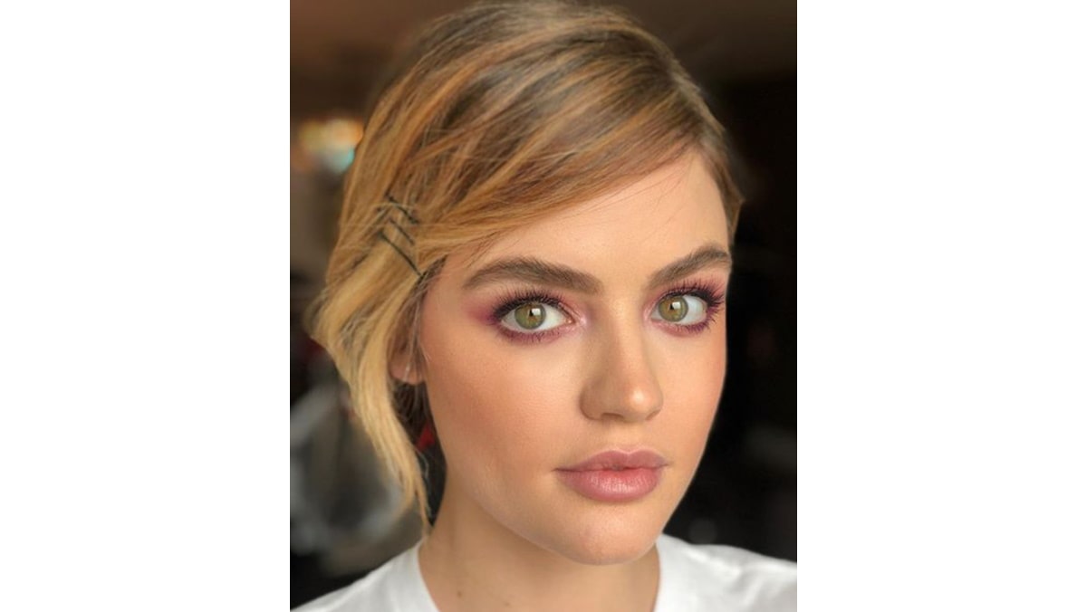 lucy hale with pink eyeshadow for her hazel eyes