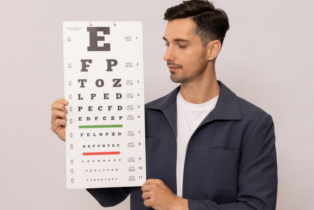 man looking at a snellen eye chart