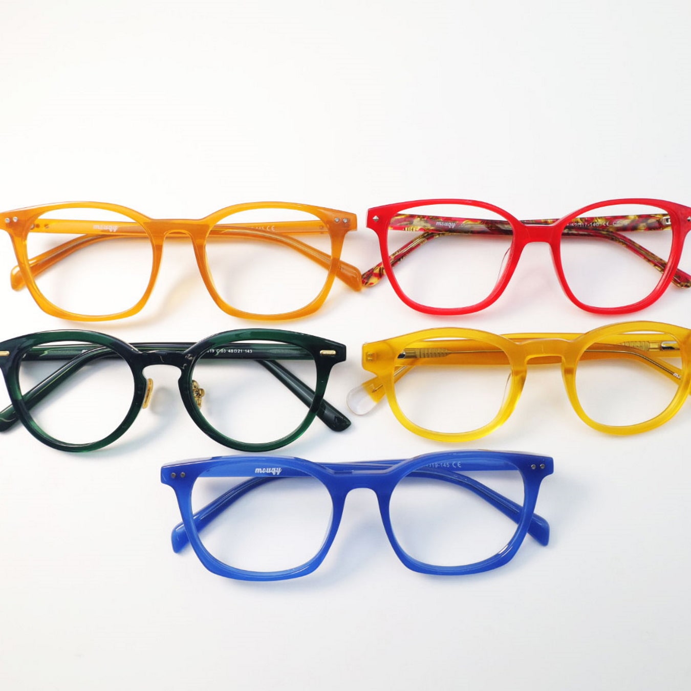 5 pairs of glasses frames in color orange red green yellow blue
