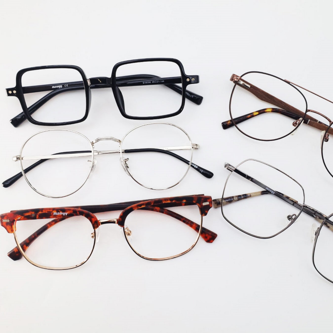 5 pairs of glasses frames in assorted shapes