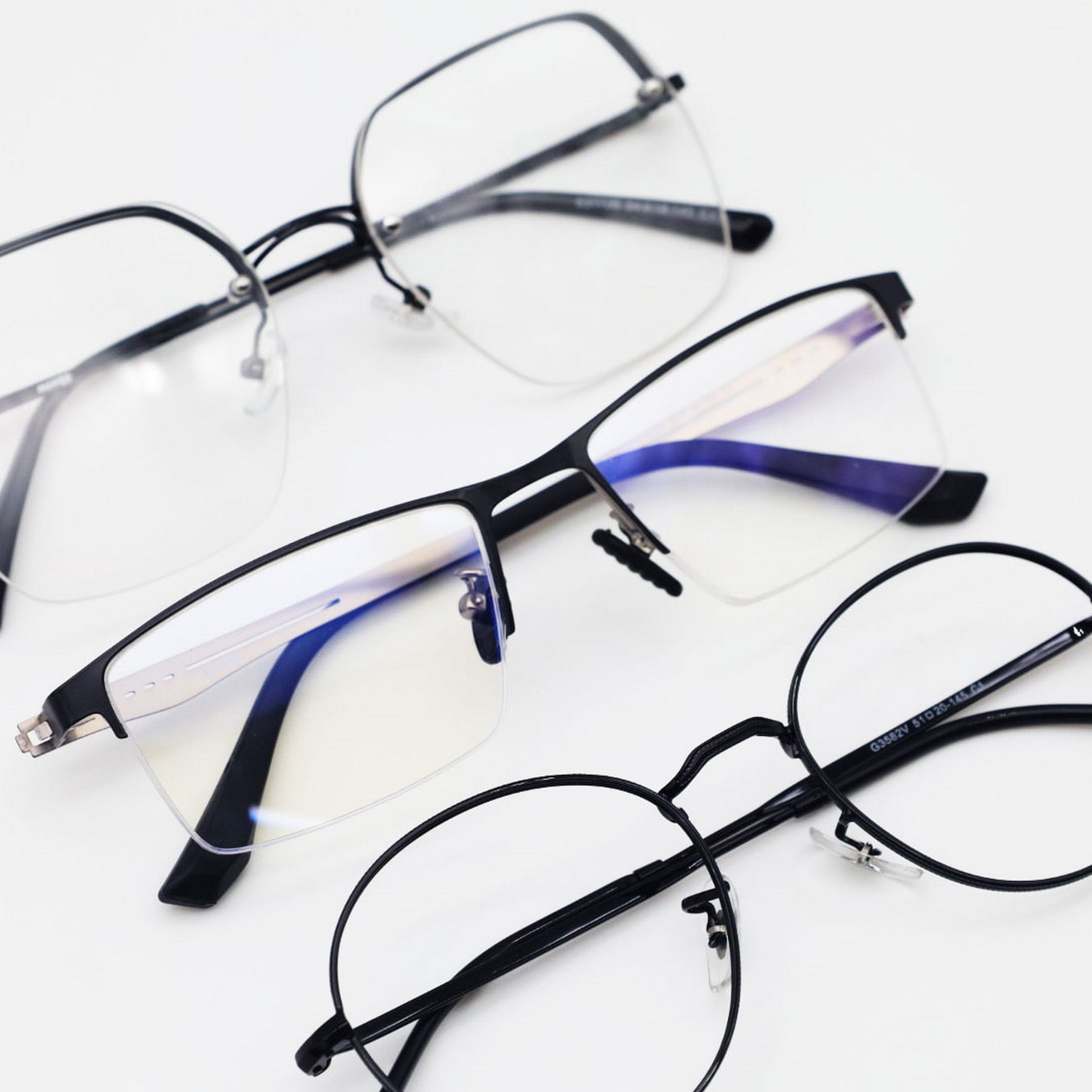 3 pairs of eyeglasses of different rim types
