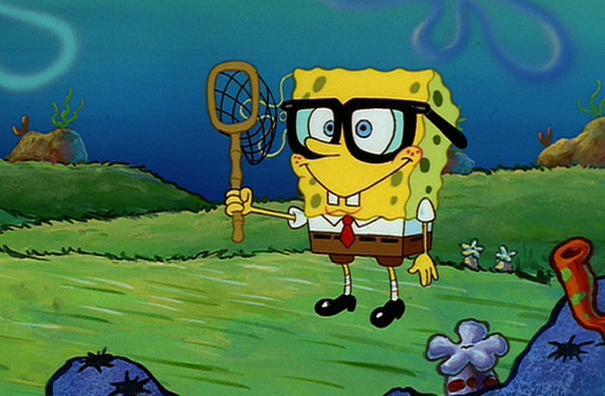 Spongebob wearing a pair thick black glasses frame