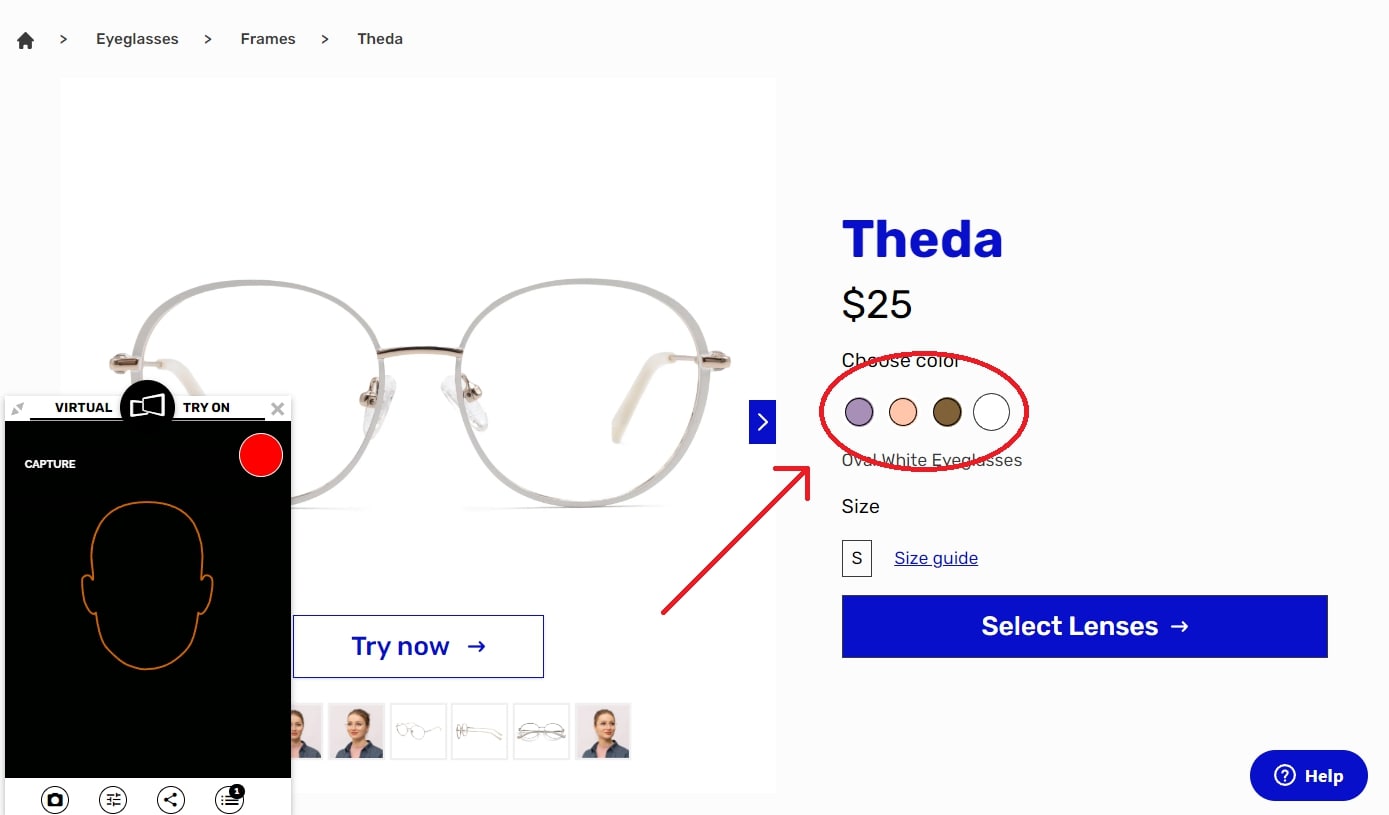 users can switch the glasses frame color during virtual try on