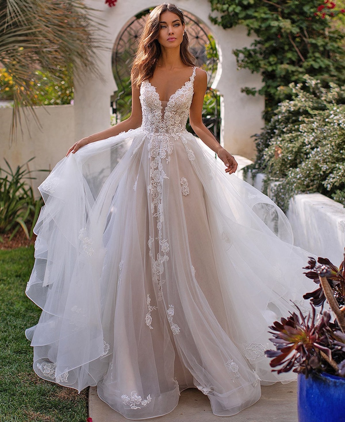 a bride wearing an a-line wedding gown