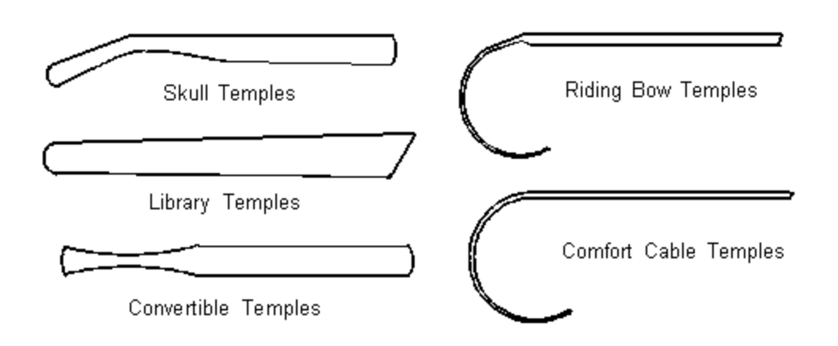 types of eyeglasses temples include skull library convertible riding bow and comfort cable