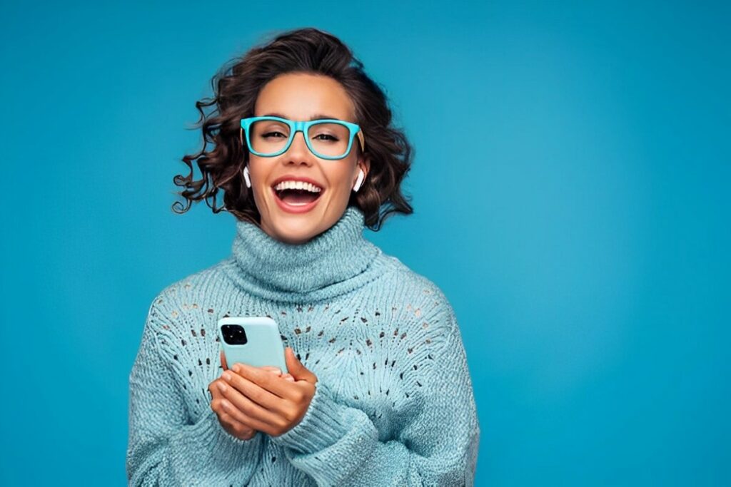 woman wearing blue frame lensless glasses