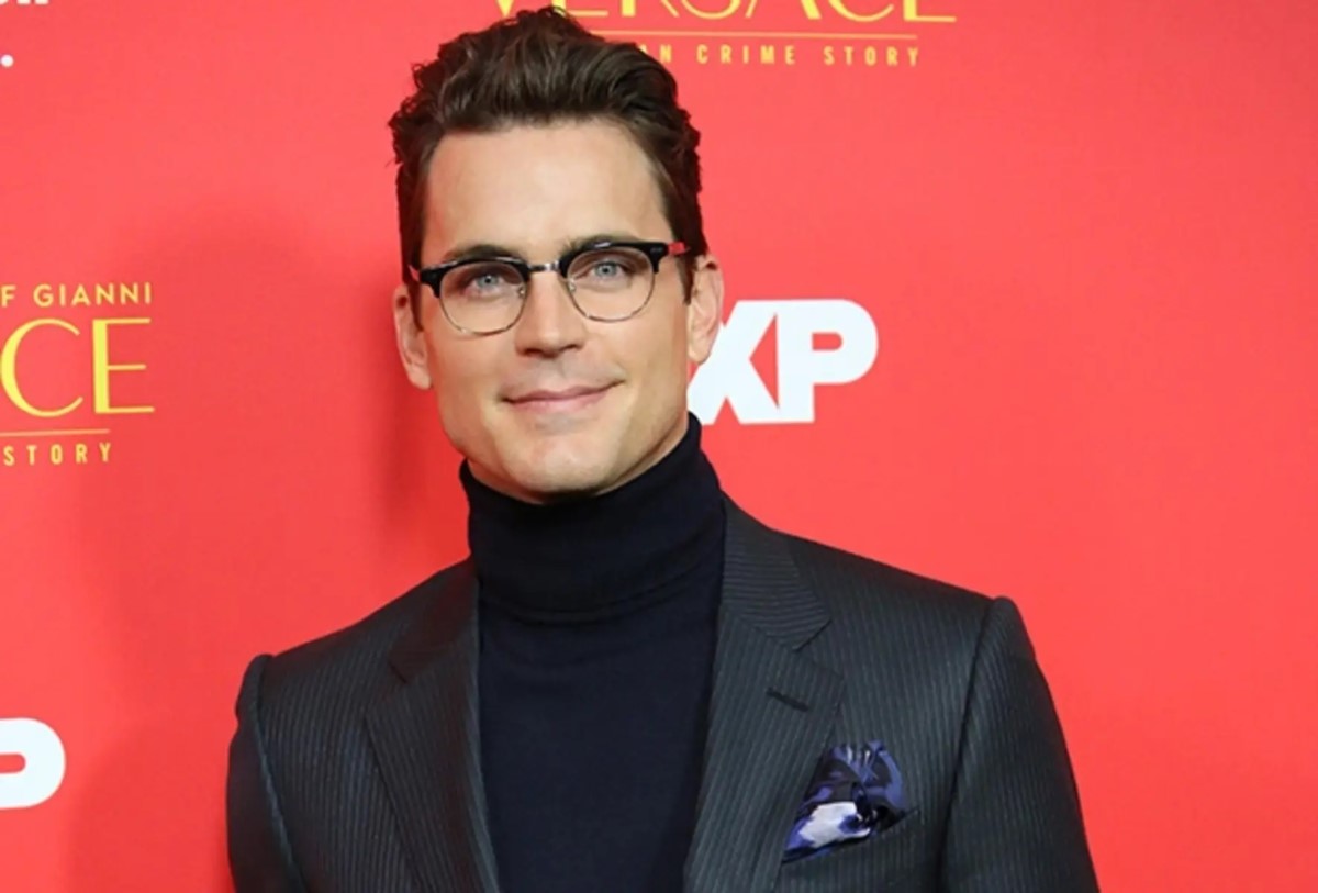 Matt Bomer wears rounded browline glasses in black turtleneck top