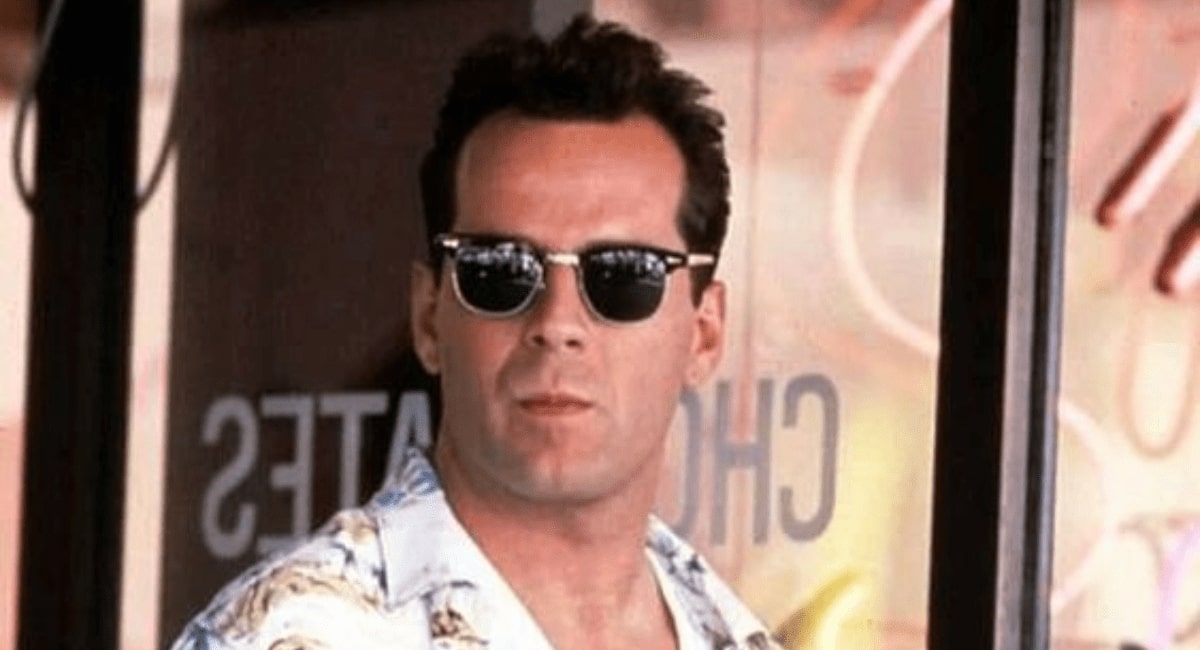 bruce willis wearing a pair browline sunglasses in hawaiian shirt