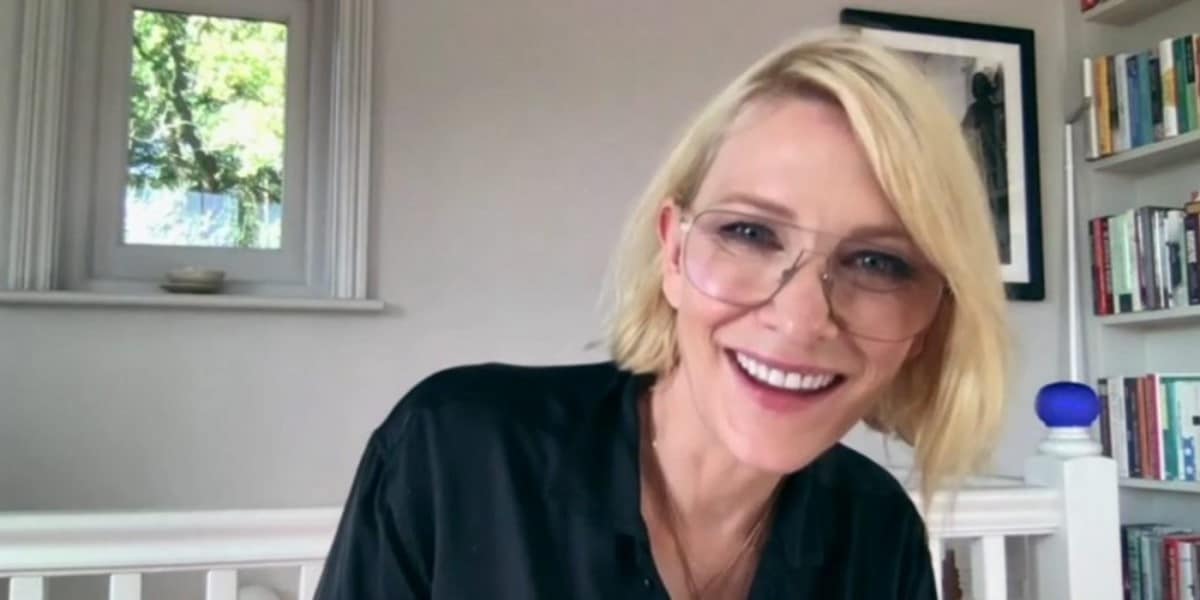 cate blanchett with blonde hair cool pink glasses