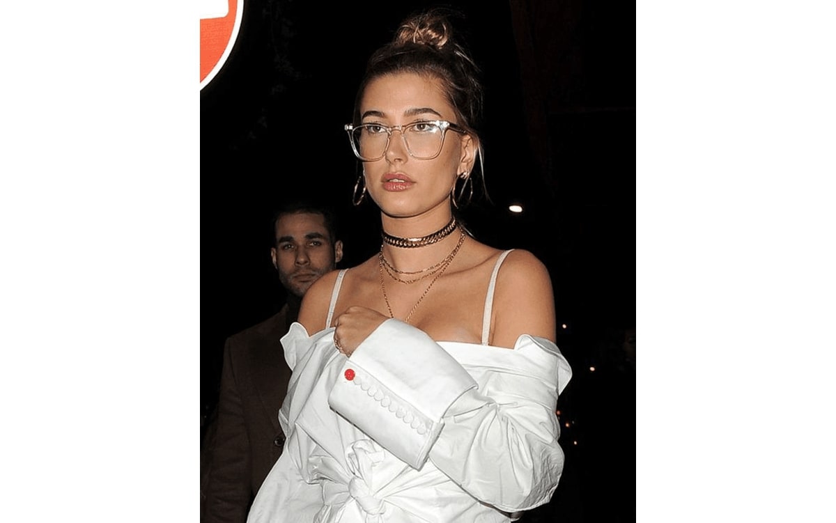 hailey bieber wearing a pair of oversized glasses