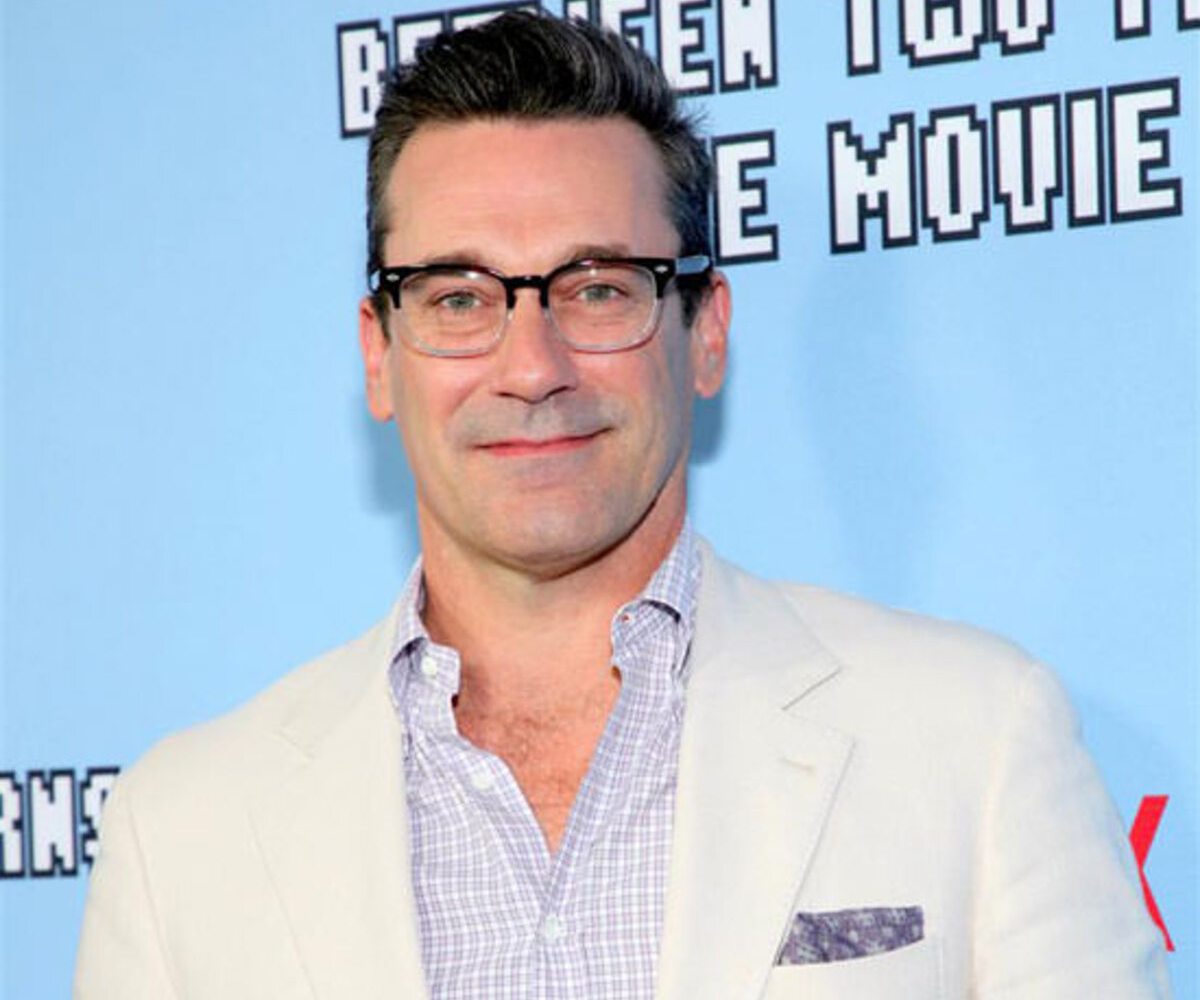 jon hamm wearing browline glasses at movie premiere