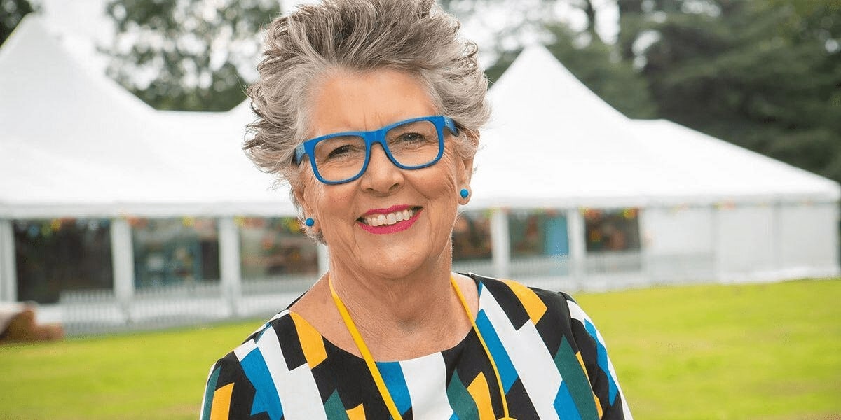prue leith wearing a pair of blue square glasses frame