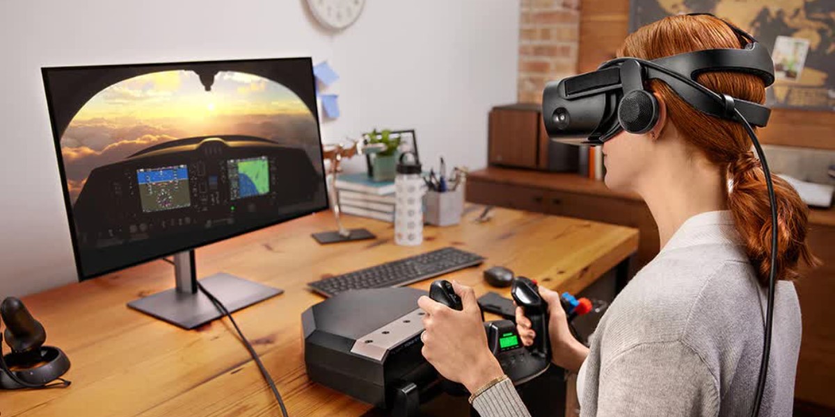 woman using tethered vr headset while playing on the pc