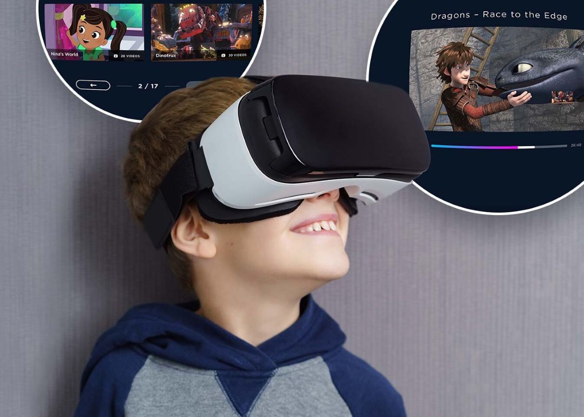 child wearing special VR headset while watching to improve vision