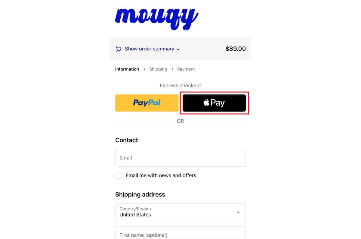 apple pay checkout option at mouqy eyewear