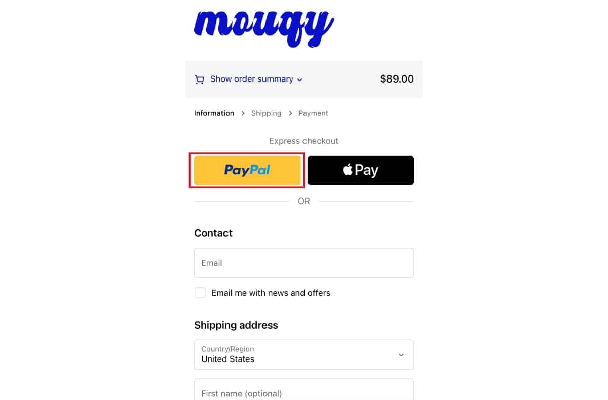 paypal express checkout option at mouqy eyewear