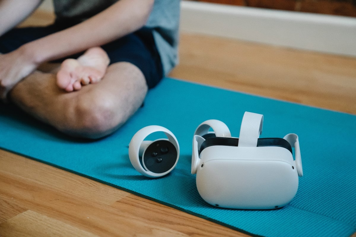 a vr headset placed on a blue mat