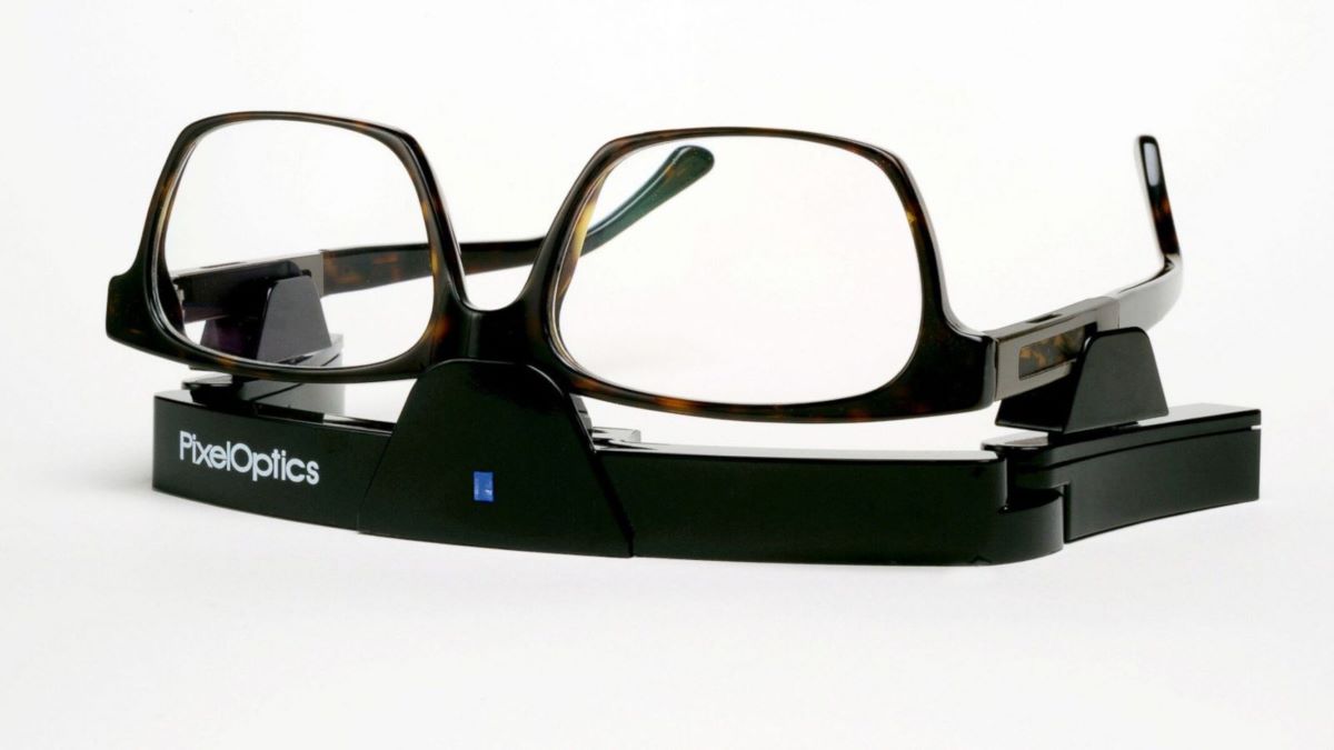electronic adjustable focus glasses on a dock