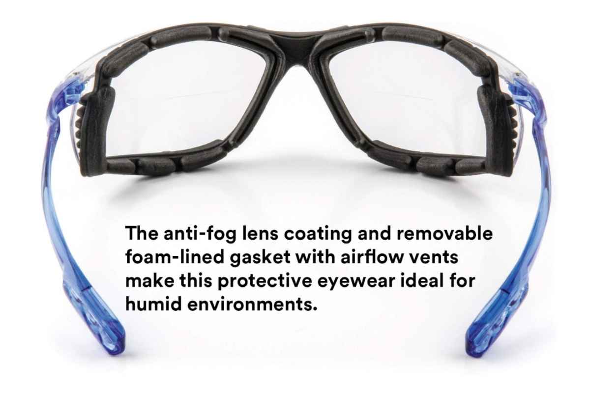 ANSI 787-compliant safety glasses with anti-fog coating and gasket