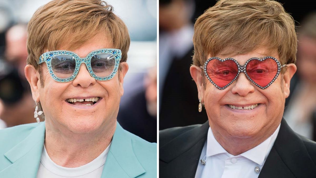 Elton John wearing colorful glasses