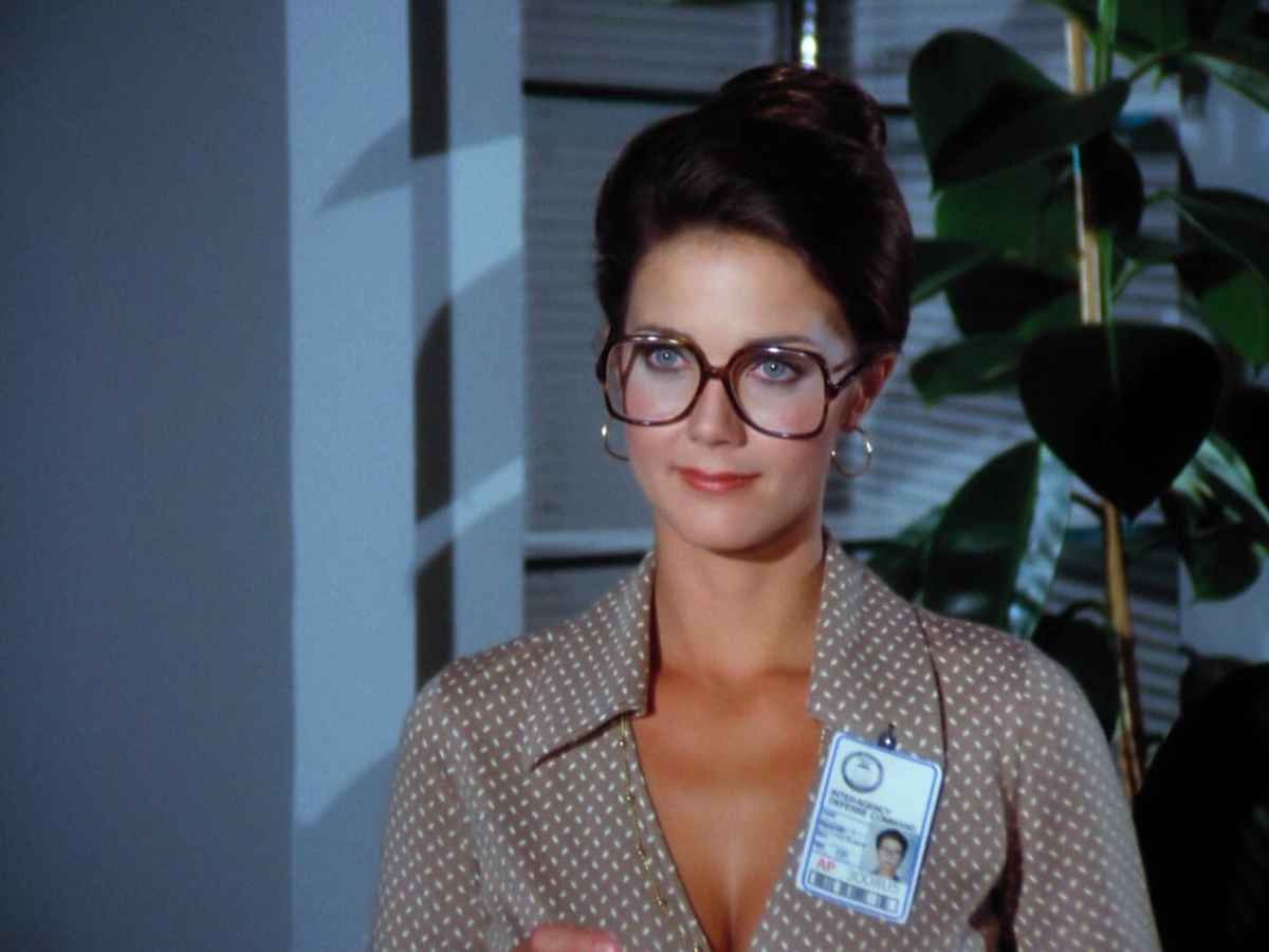 Lynda Carter wearing bug-eye glasses as part of her iconic role as Wonder Woman in the 70s