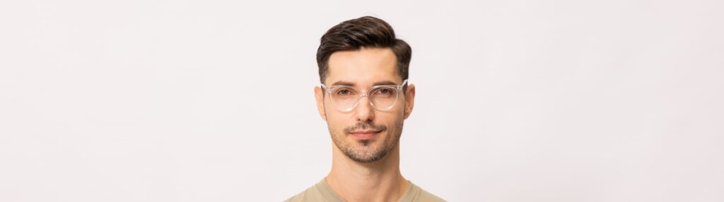 man wears stylish clear transparent glasses from mouqy