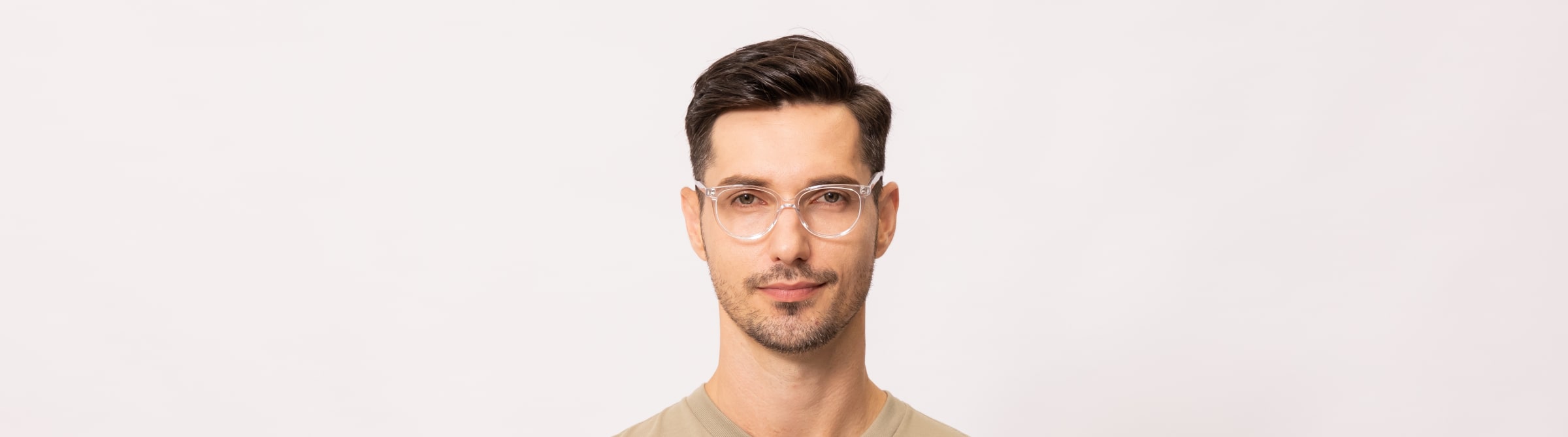 man wears stylish clear transparent glasses from mouqy