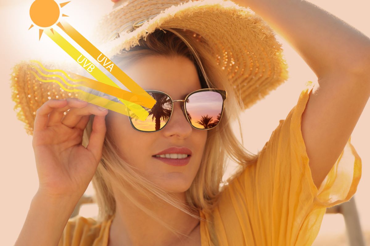 woman wears sunglasses that deflect harmful uv rays from reaching her eyes