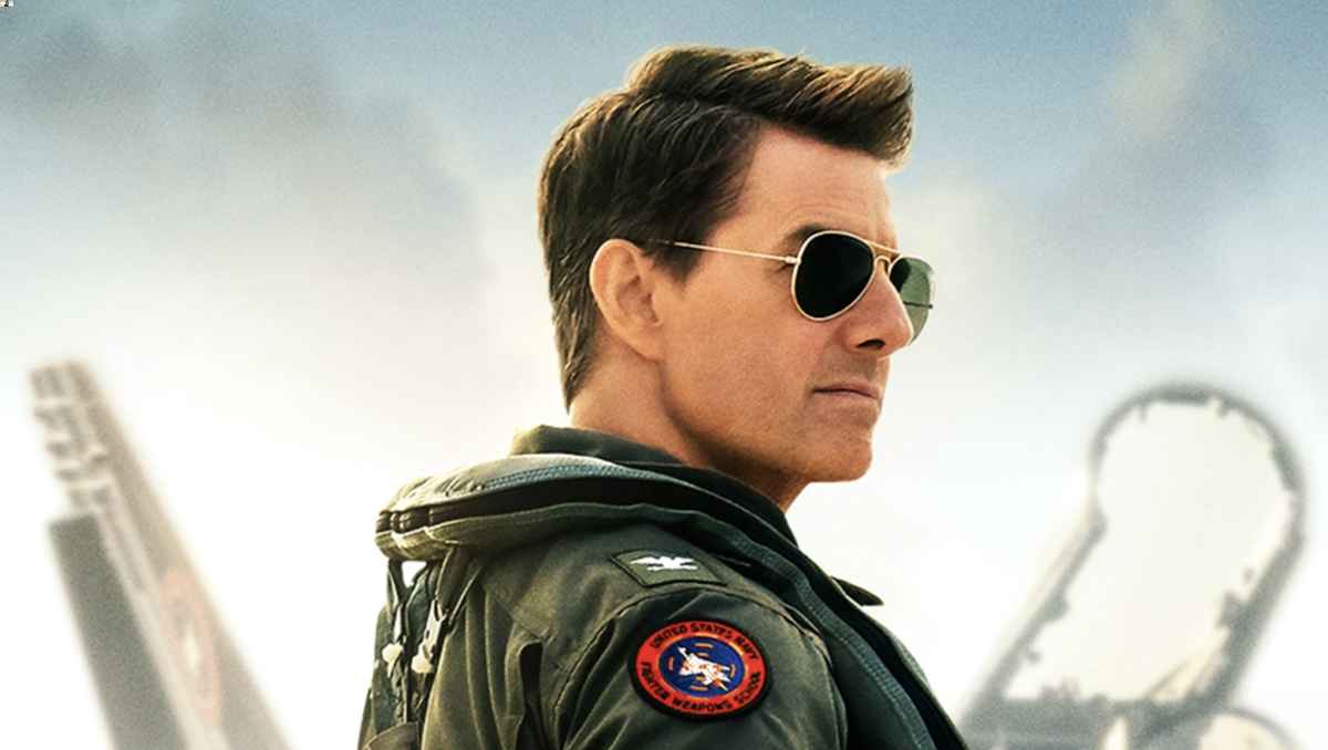Actor Tom Cruise wearing aviator sunglasses in the 2023 film Top Gun Maverick
