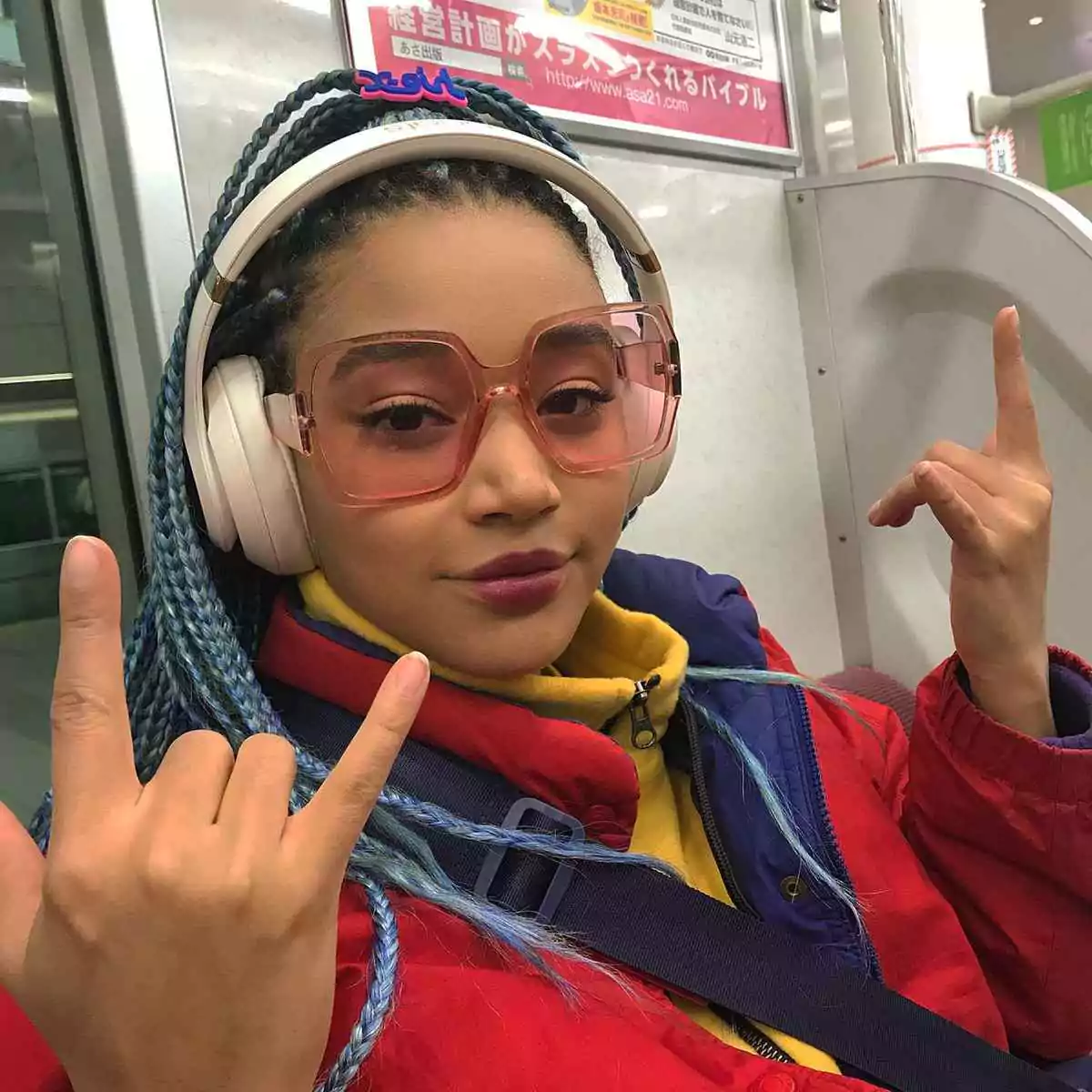 Amandla Stenberg wears oversized square pink-tinted frames for the art hoe aesthetic