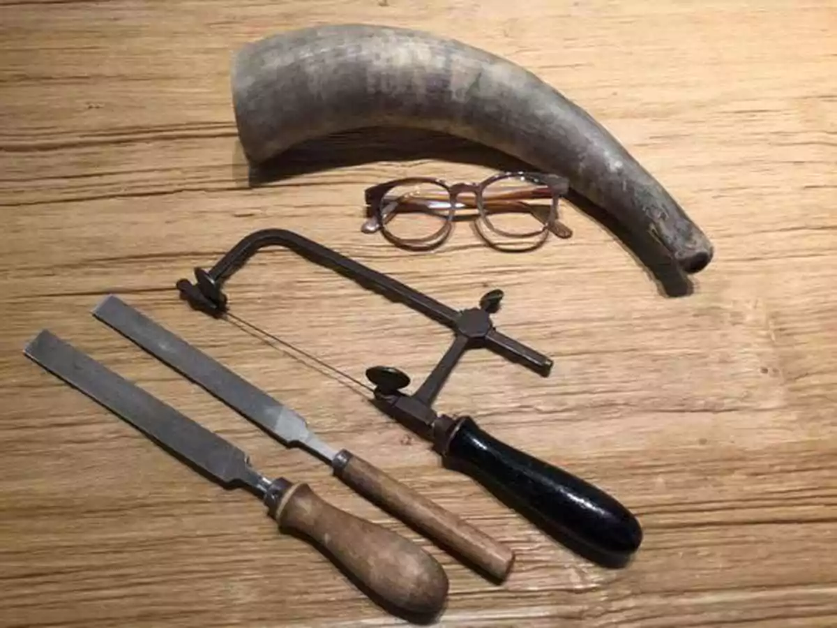 horn-rimmed glasses placed together with hand tools and a water buffalo horn